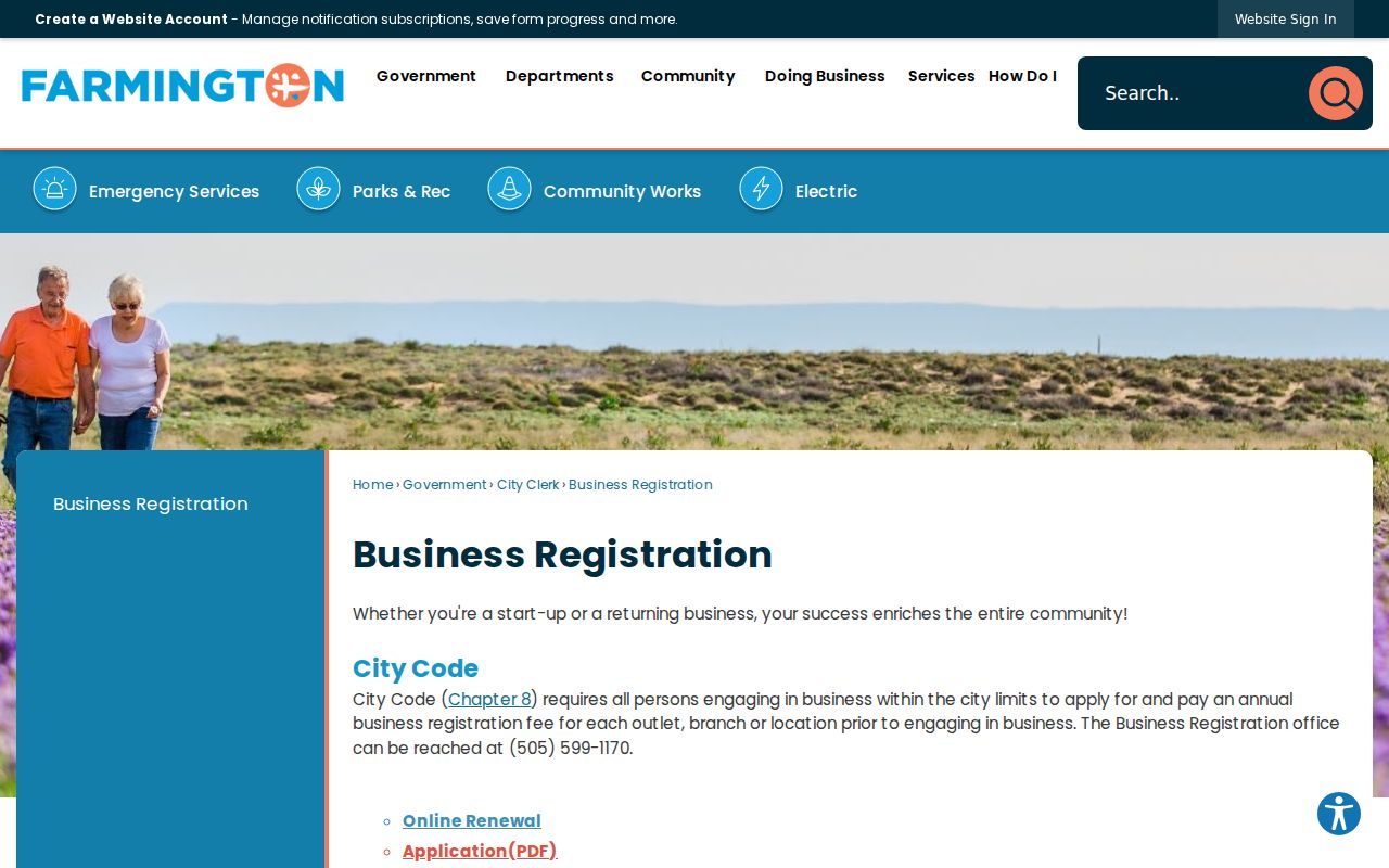 Farmington city directory research showing the City business-registration information page