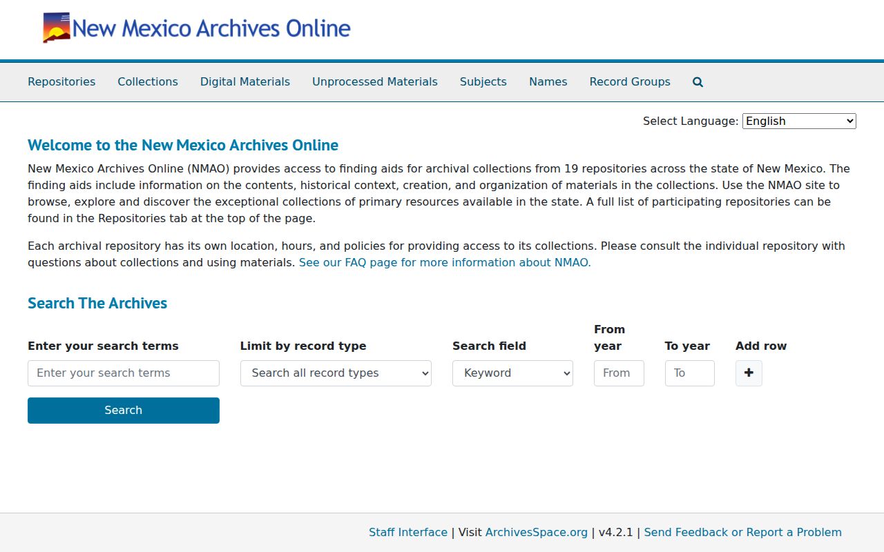 Farmington previous residents research showing the New Mexico Archives finding-aid route